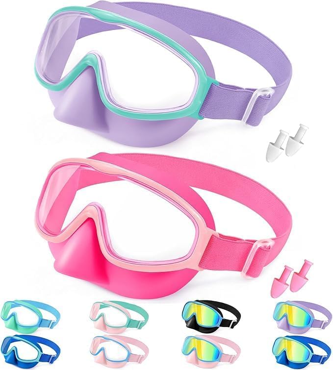 Vvinca Kids Goggles with Nose Cover Comfort Fabric Strap, Kids Swim Goggles Wide View Diving Mask Anti-Fog/UV No Leaking Swimming Goggles for 3-14 - Image 1