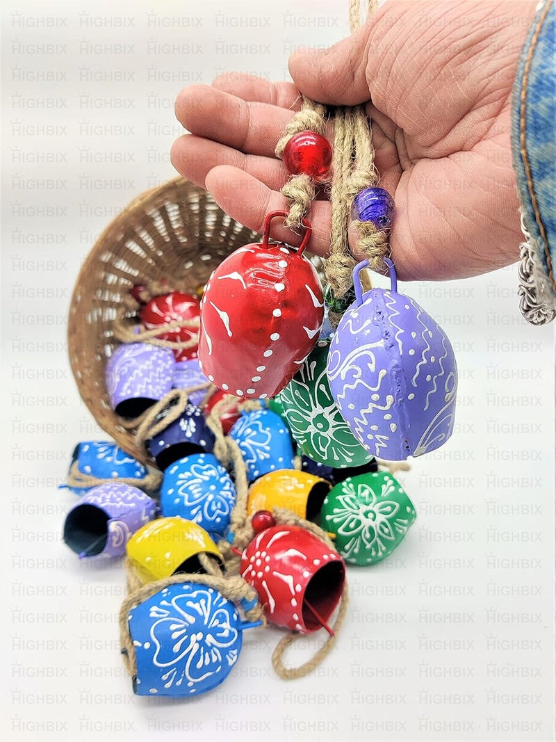 HIGHBIX 7cm Hand Painted Festive Décor Hanging Bells Set of 10 with Jute Bag Hand Painted (Multicolor, 7cm) - Image 2