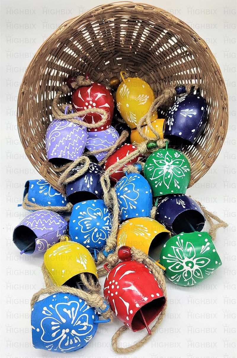 HIGHBIX 7cm Hand Painted Festive Décor Hanging Bells Set of 10 with Jute Bag Hand Painted (Multicolor, 7cm) - Image 3