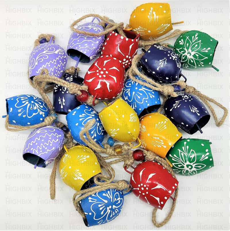 HIGHBIX 7cm Hand Painted Festive Décor Hanging Bells Set of 10 with Jute Bag Hand Painted (Multicolor, 7cm) - Image 4
