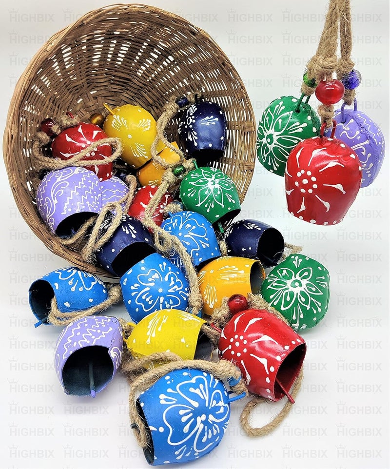 HIGHBIX 7cm Hand Painted Festive Décor Hanging Bells Set of 10 with Jute Bag Hand Painted (Multicolor, 7cm) - Image 1