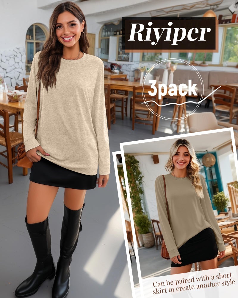 Riyiper 3 Pack Women's Long Sleeve Sweatshirts, Crew Neck Pullover Shirts Loose Casual Lightweight Fall Tops 2026 Trendy(Dark Brown, Coffee, Beige,XX-Large) - Image 3
