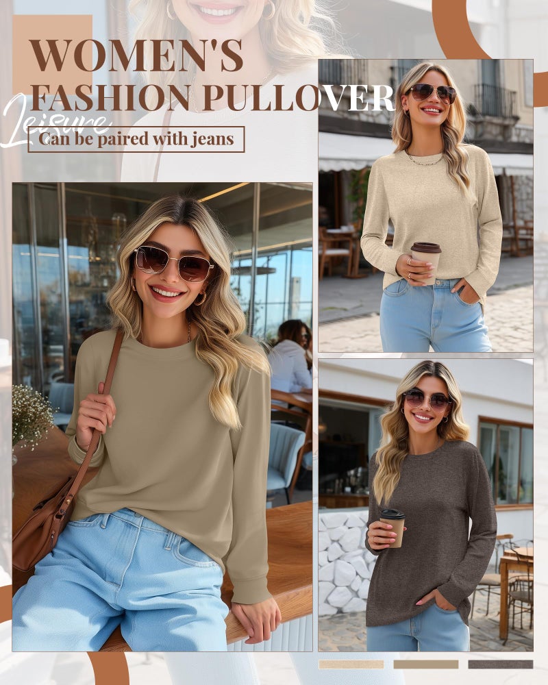 Riyiper 3 Pack Women's Long Sleeve Sweatshirts, Crew Neck Pullover Shirts Loose Casual Lightweight Fall Tops 2026 Trendy(Dark Brown, Coffee, Beige,XX-Large) - Image 2