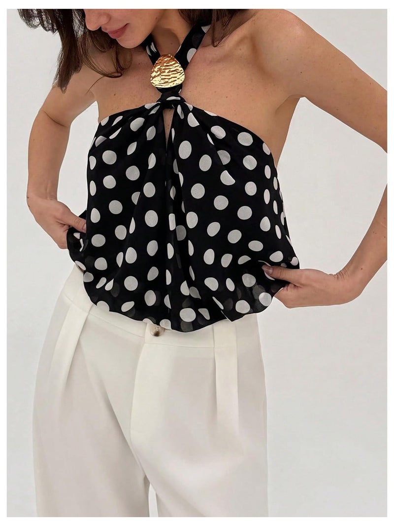 MakeMeChic Women's Polka Dots Halter Crop Tops Metal Open Back Sleeveless Going Out Top Black Medium - Image 3