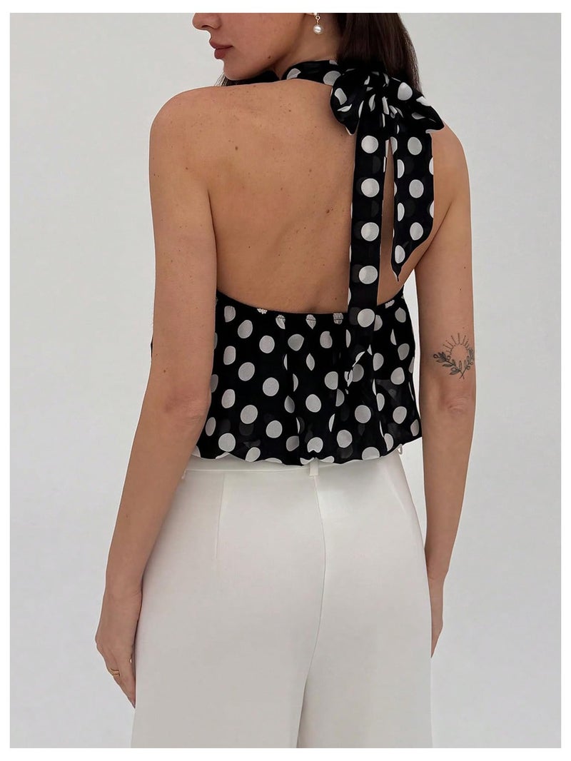 MakeMeChic Women's Polka Dots Halter Crop Tops Metal Open Back Sleeveless Going Out Top Black Medium - Image 4