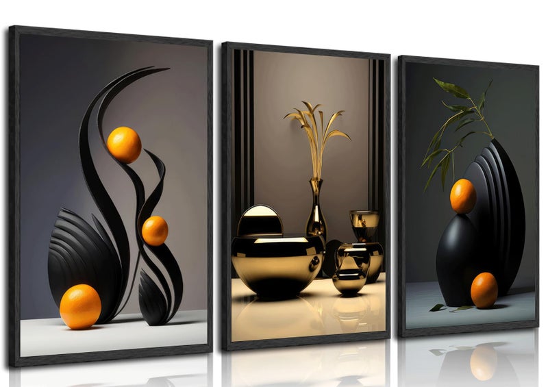 3Pcs Black Abstract Wall Art Modern Still Lifes Ceramic Wall Deco Pictures orange Black Shape Canvas Posters Prints for Living Room Bedroom Bathroom Home Decoration UnFramed