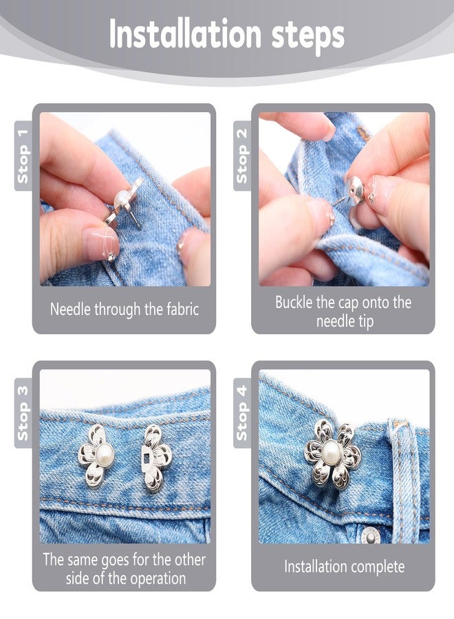 ROPAKED 14 Set Pant Waist Tightener Flower Buttons Pins for Loose Jeans Waist Cincher Clip Reusable Metal Pearl Brooch for Clothing Dresses Skirts No Sew and No Tools Decoration Accessories - Image 4