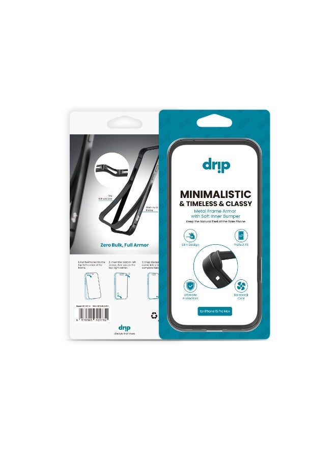 DRIP Metal Frame Armor 🛡️ with Soft Inner Bumper for iPhone 15 Pro – Black ⚫ - Image 4
