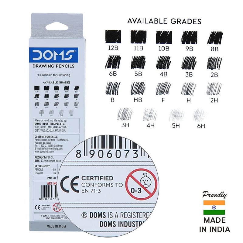 Doms Drawing Sketching Graphite Pencils Grade HB 2B 4B 6B 8B 10B Hi Precision For Sketching Dark Neat Drawing Comes With 1 Eraser Pack of 6 x 5 Set