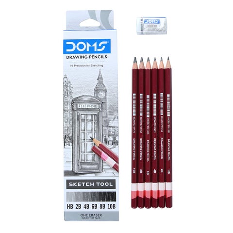 Doms Drawing Sketching Graphite Pencils Grade HB 2B 4B 6B 8B 10B Hi Precision For Sketching Dark Neat Drawing Comes With 1 Eraser Pack of 6 x 5 Set