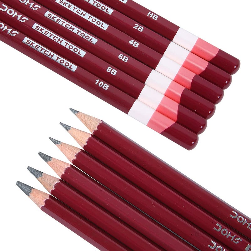Doms Drawing Sketching Graphite Pencils Grade HB 2B 4B 6B 8B 10B Hi Precision For Sketching Dark Neat Drawing Comes With 1 Eraser Pack of 6 x 5 Set