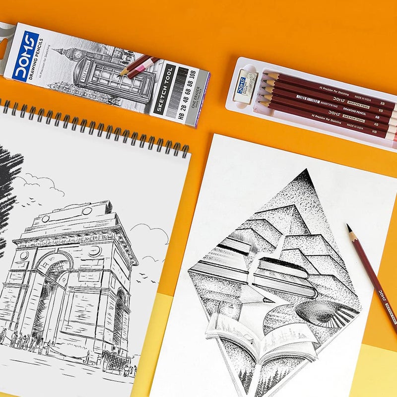 Doms Drawing Sketching Graphite Pencils Grade HB 2B 4B 6B 8B 10B Hi Precision For Sketching Dark Neat Drawing Comes With 1 Eraser Pack of 6 x 5 Set