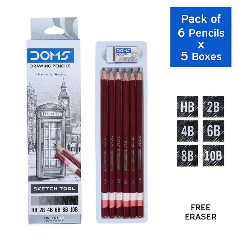 Doms Drawing Sketching Graphite Pencils Grade HB 2B 4B 6B 8B 10B Hi Precision For Sketching Dark Neat Drawing Comes With 1 Eraser Pack of 6 x 5 Set