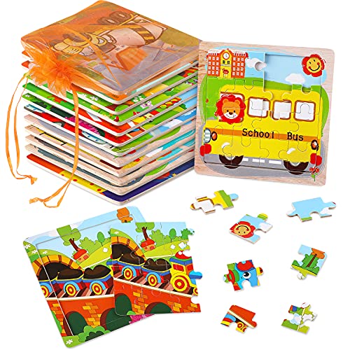 SANNIX 12 Pack Wooden Jigsaw Puzzles for Toddlers 3 4 5 Years Old Party Favors Transportation Jigsaw for Kids Educational Puzzles Travel Toy with 12 Organize Bags - Image 1