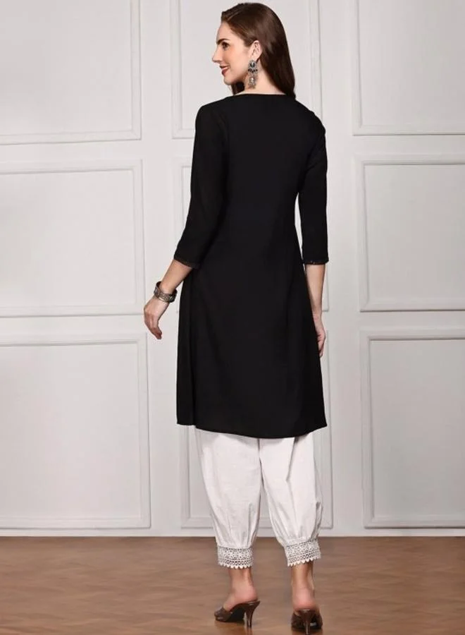 ISHIN Women's Black Rayon Printed Tunic Straight Fit Kurta