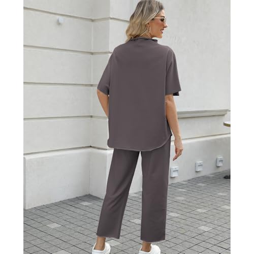 SeeLuNa Women's Two Piece Outfits 3/4 Batwing Sleeve Capelet Crew Neck Pullover Top Wide Leg Pants Lounge Set(Dark Gray,L) - Image 2