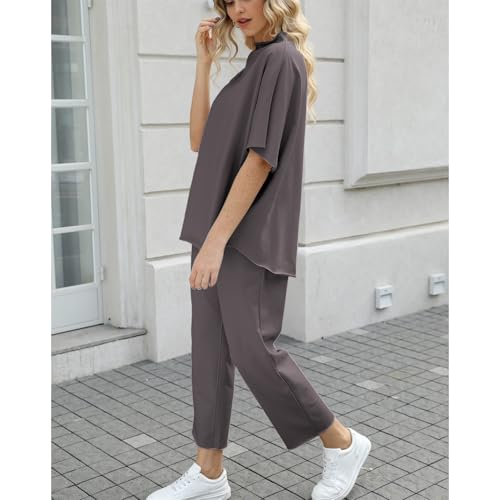SeeLuNa Women's Two Piece Outfits 3/4 Batwing Sleeve Capelet Crew Neck Pullover Top Wide Leg Pants Lounge Set(Dark Gray,L) - Image 3