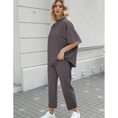 SeeLuNa Women's Two Piece Outfits 3/4 Batwing Sleeve Capelet Crew Neck Pullover Top Wide Leg Pants Lounge Set(Dark Gray,L) - Image 4