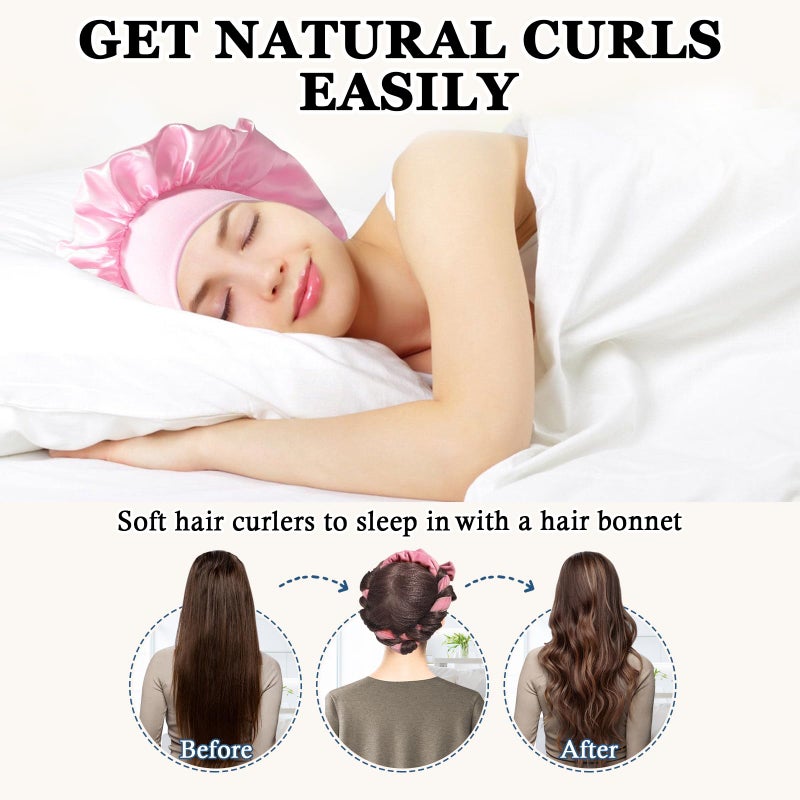 Gwabee No Heat Overnight Curl Headband, 70" Soft Ribbon Curl Wrap for Long Hair - 9 PCS Rods Set with Bonnet, Pink - Image 2