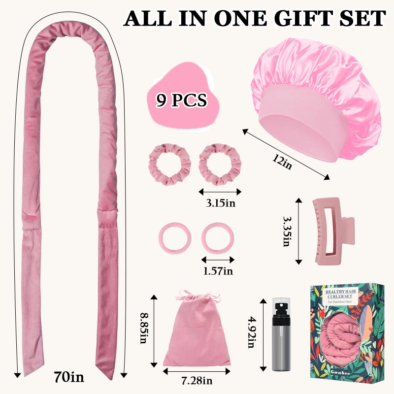 Gwabee No Heat Overnight Curl Headband, 70" Soft Ribbon Curl Wrap for Long Hair - 9 PCS Rods Set with Bonnet, Pink - Image 5