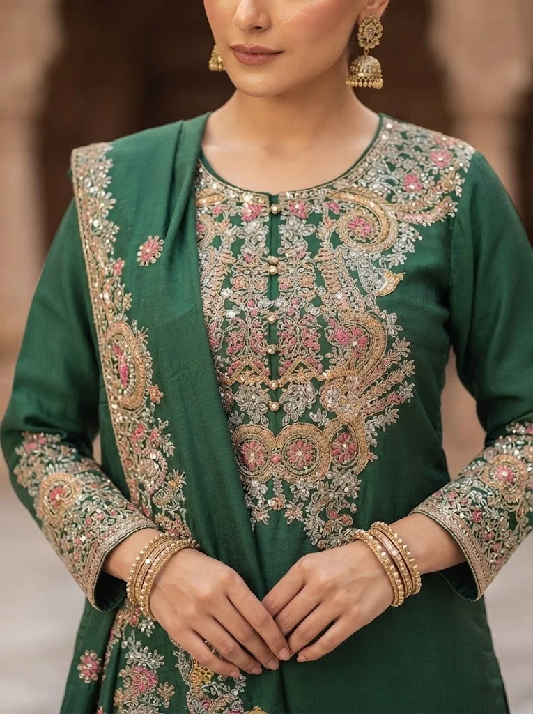 Viny VINY Green 3-Piece Embroidered Kurta Sharara Set – Women's Indian Ethnic Wear