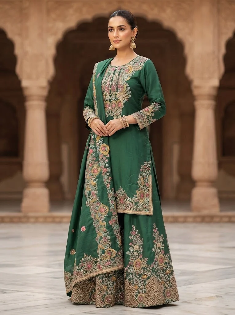 Viny VINY Green 3-Piece Embroidered Kurta Sharara Set – Women's Indian Ethnic Wear