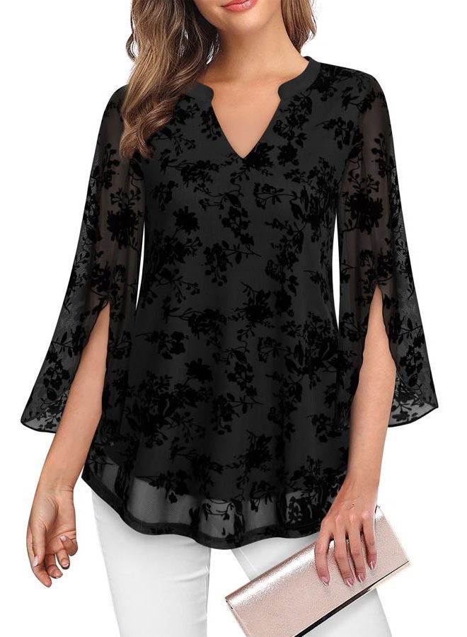 VALOLIA Women's 3/4 Sleeve Floral Tunic Tops V Neck Double Layers Loose Fit Mesh Blouses Shirt, Multicolor Black, 3XL - Image 3