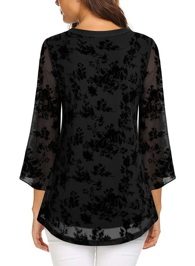 VALOLIA Women's 3/4 Sleeve Floral Tunic Tops V Neck Double Layers Loose Fit Mesh Blouses Shirt, Multicolor Black, 3XL - Image 4