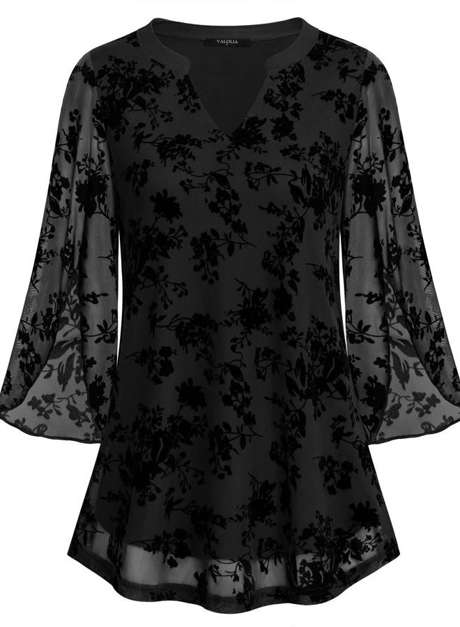 VALOLIA Women's 3/4 Sleeve Floral Tunic Tops V Neck Double Layers Loose Fit Mesh Blouses Shirt, Multicolor Black, 3XL - Image 1