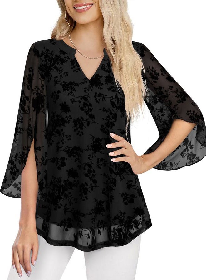 VALOLIA Women's 3/4 Sleeve Floral Tunic Tops V Neck Double Layers Loose Fit Mesh Blouses Shirt, Multicolor Black, 3XL - Image 2