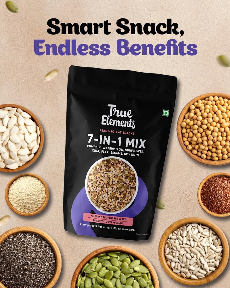 True Elements مزيج البذور والمكسرات السوبر 7 في 1 من True Elements - بذور اليقطين المحمصة، بذور البطيخ، بذور عباد الشمس، بذور الكتان، مكسرات الصويا، السمسم الأبيض وبذور الشيا - 8 أونصات - Image 3