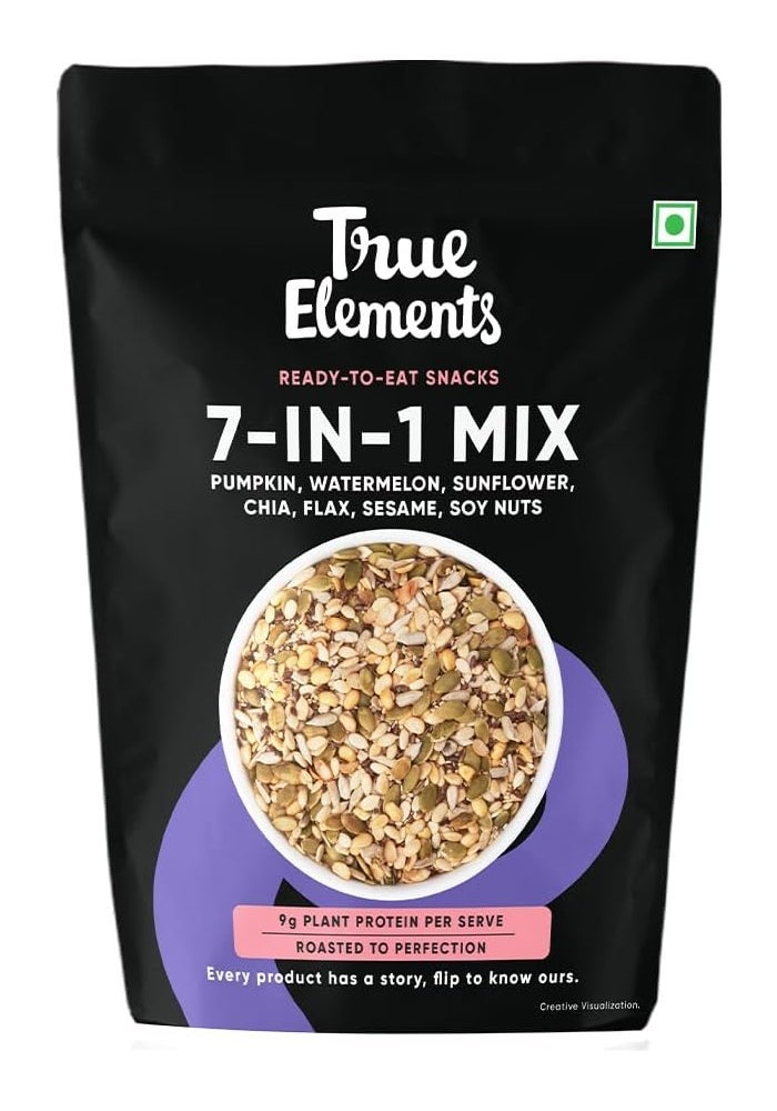 True Elements مزيج البذور والمكسرات السوبر 7 في 1 من True Elements - بذور اليقطين المحمصة، بذور البطيخ، بذور عباد الشمس، بذور الكتان، مكسرات الصويا، السمسم الأبيض وبذور الشيا - 8 أونصات - Image 1
