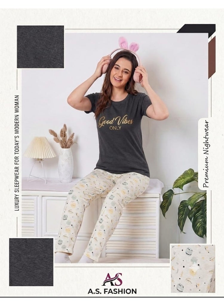 Women's Short Sleeve T-Shirt and Printed Pajama Pants Night Suit Set