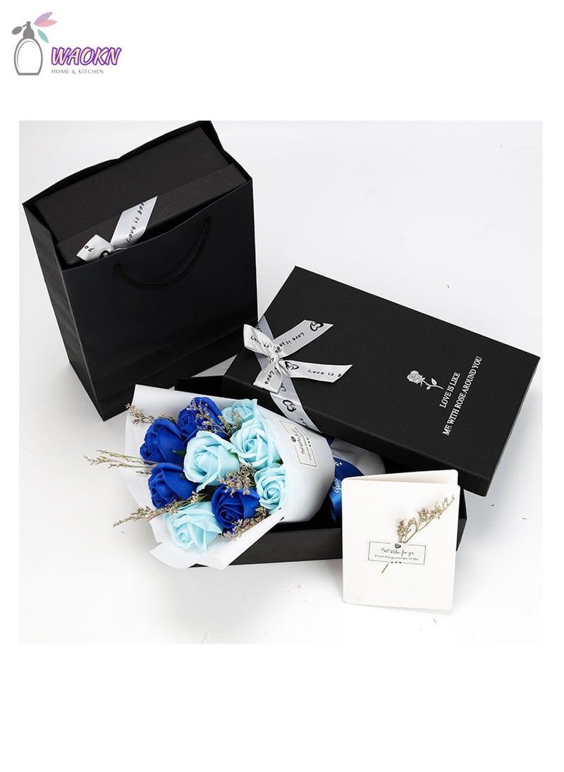 9-Piece Rose Forever Flowers Decor Artificial Flower Bouquet High-Value Soap Flower Gift Box Long-Lasting Real Roses Forever Bouquet for Valentines Day Mothers Day Birthday Gifts for Women Blue