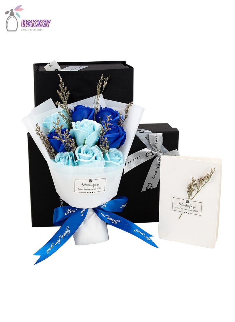9-Piece Rose Forever Flowers Decor Artificial Flower Bouquet High-Value Soap Flower Gift Box Long-Lasting Real Roses Forever Bouquet for Valentines Day Mothers Day Birthday Gifts for Women Blue