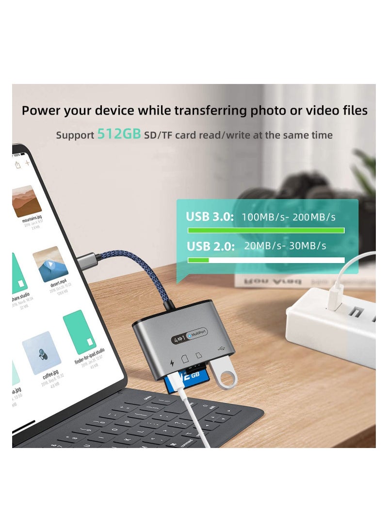 SYOSI - SD Card Reader 4 in 1 Type C, with PD 60W Fast Charging Adapter, USB 3.0 Camera Adapter Bidirectional 312 MB/s, High Speed Data Transfer SD/TF Card Reader for iPad Pro, MacBook Pro and More - Image 1