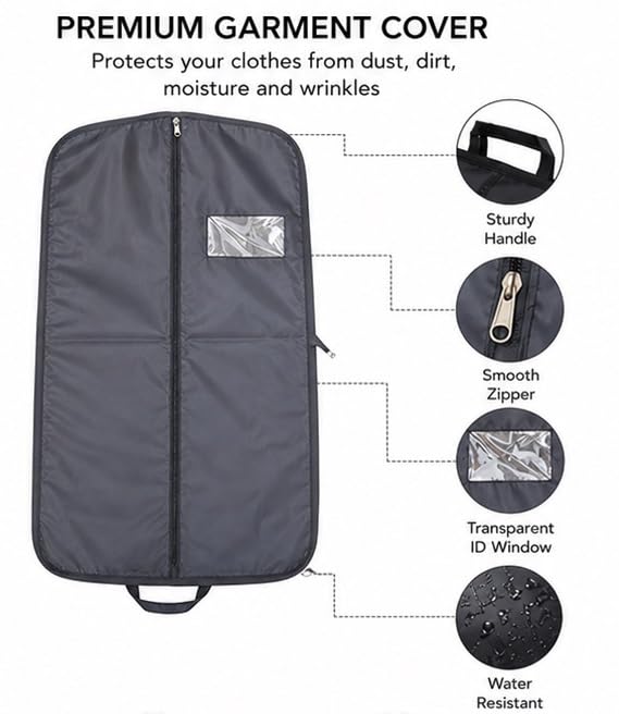 Demoda Black Premium Waterproof Polyester Suit Cover/Dress Cover/Garment Cover/Jacket/Wardrobe Organizer Travel Garment Bag With Zip(Set of 2-Black-38") (without hanger) - Image 3