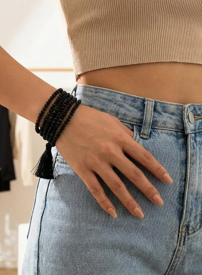 Black Multistrand Beaded Tassel Bracelet