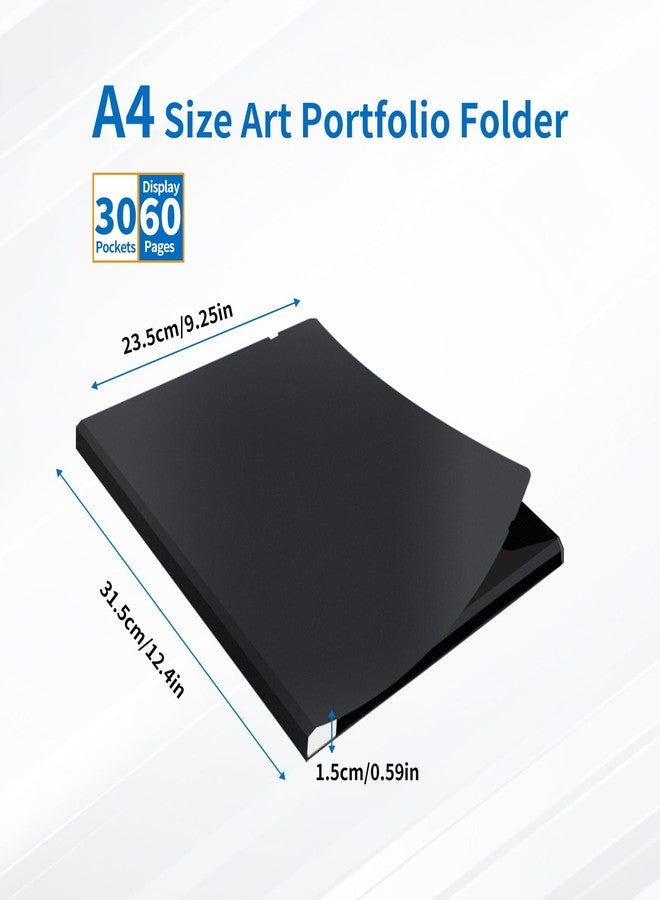 FRETONBA 30 Pocket Presentation Binder with Plastic Sleeves, Displays 60 Pages, 9x12 Art Portfolio Folder with Clear Sheet Protectors & Elastic Band, Document Organizer for A4/Letter Size, Black - Image 2