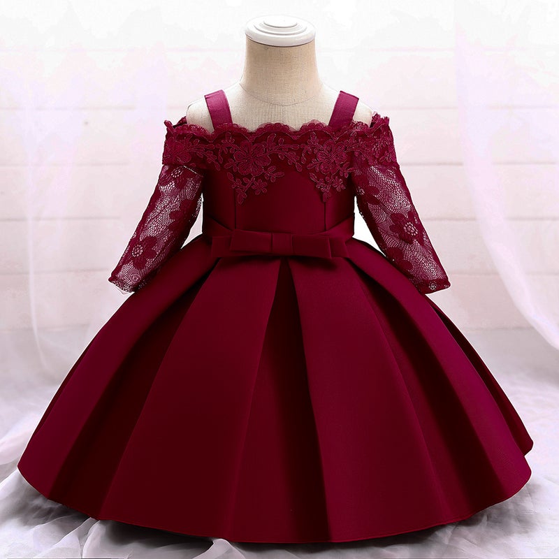 Cross-border Amazon baby dress satin cloth one-year-old baby dress dress birthday cute princess L5083XZ-Bordeaux