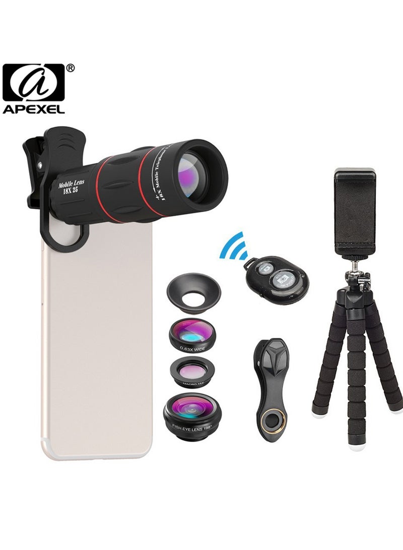 APEXEL Telephoto 4 in 1 Cellphone Lens Universal Kit 18X Mobile Phone Telephoto Lens 198° Fisheye Lens 0.63X Wide Angle 15X Macro Lens with Remote Shutter Mini Tripod Phone Holder - Image 1