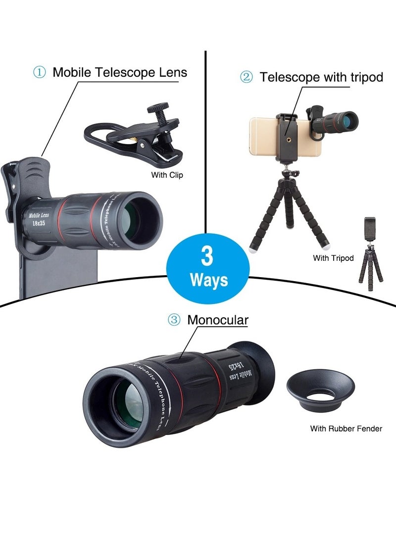 APEXEL Telephoto 4 in 1 Cellphone Lens Universal Kit 18X Mobile Phone Telephoto Lens 198° Fisheye Lens 0.63X Wide Angle 15X Macro Lens with Remote Shutter Mini Tripod Phone Holder - Image 3