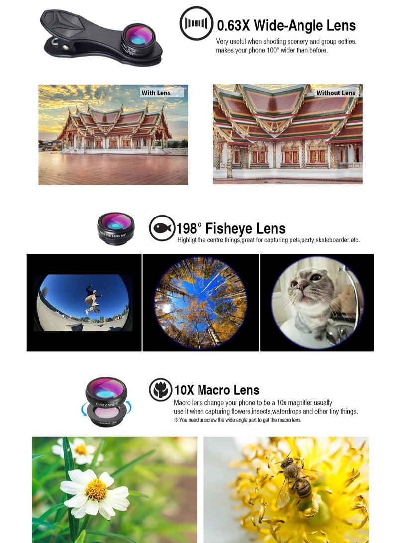 APEXEL Telephoto 4 in 1 Cellphone Lens Universal Kit 18X Mobile Phone Telephoto Lens 198° Fisheye Lens 0.63X Wide Angle 15X Macro Lens with Remote Shutter Mini Tripod Phone Holder - Image 5