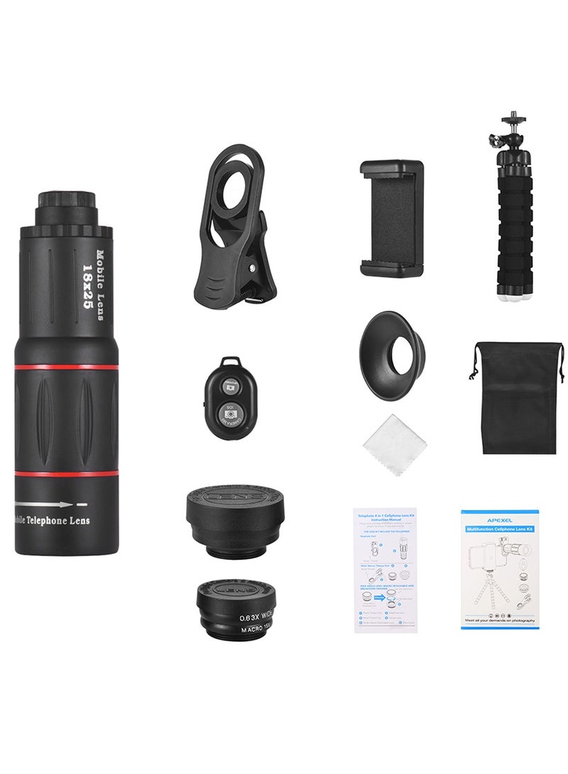 APEXEL Telephoto 4 in 1 Cellphone Lens Universal Kit 18X Mobile Phone Telephoto Lens 198° Fisheye Lens 0.63X Wide Angle 15X Macro Lens with Remote Shutter Mini Tripod Phone Holder - Image 2