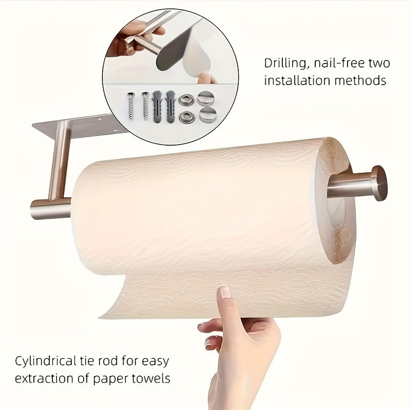 1pc Self-Adhesive Wall-Mounted Paper Towel Holder - No Drill Required, Stainless Steel Kitchen & Bathroom Organizer for Roll Paper, Plastic Wrap, Towels & Utensils, Modern Space-Saving Design, Paper Towel Holder Wall Mount, Nodrill Installation, Sleek Metallic Finish, Easyinstall Fixture - Image 4