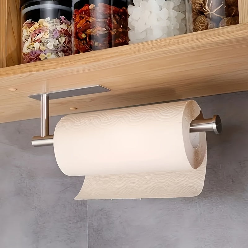 1pc Self-Adhesive Wall-Mounted Paper Towel Holder - No Drill Required, Stainless Steel Kitchen & Bathroom Organizer for Roll Paper, Plastic Wrap, Towels & Utensils, Modern Space-Saving Design, Paper Towel Holder Wall Mount, Nodrill Installation, Sleek Metallic Finish, Easyinstall Fixture - Image 2