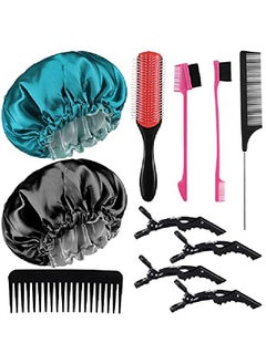 11 Piece Detangling Brush Set Includes 9Row Cushion Nylon Bristle Styling Brush Satin Bonnet Sleep Cap Double Sided Edge Brush Large Hair Detangling Comb Rat Tail Comb And Alligator Hair Clip