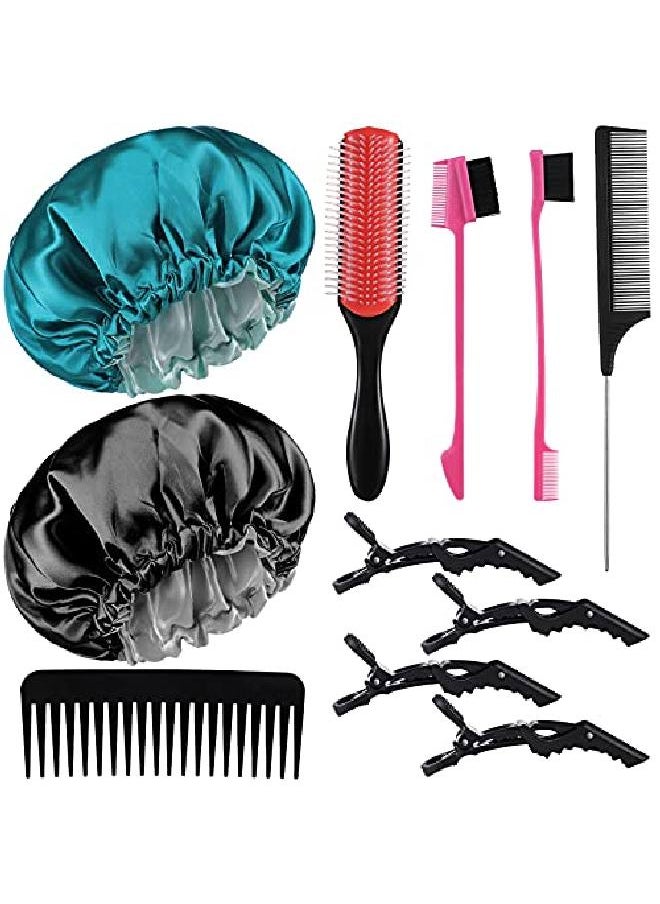 Patelai - 11 Piece Detangling Brush Set Includes 9Row Cushion Nylon Bristle Styling Brush Satin Bonnet Sleep Cap Double Sided Edge Brush Large Hair Detangling Comb Rat Tail Comb And Alligator Hair Clip - Image 1