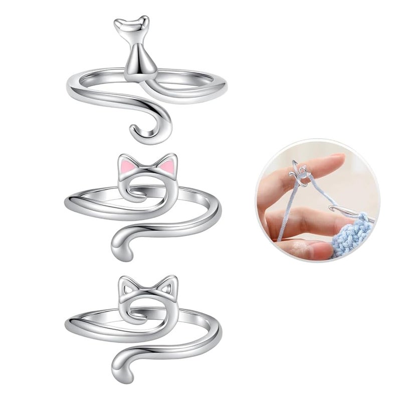 HASTHIP ® 3Pcs Crochet Tension Ring Creative Kitty Wire Wrapped Knitting Crochet Tool Alloy Yarn Tension Crochet Ring for DIY Knitting & Crocheting - Image 1