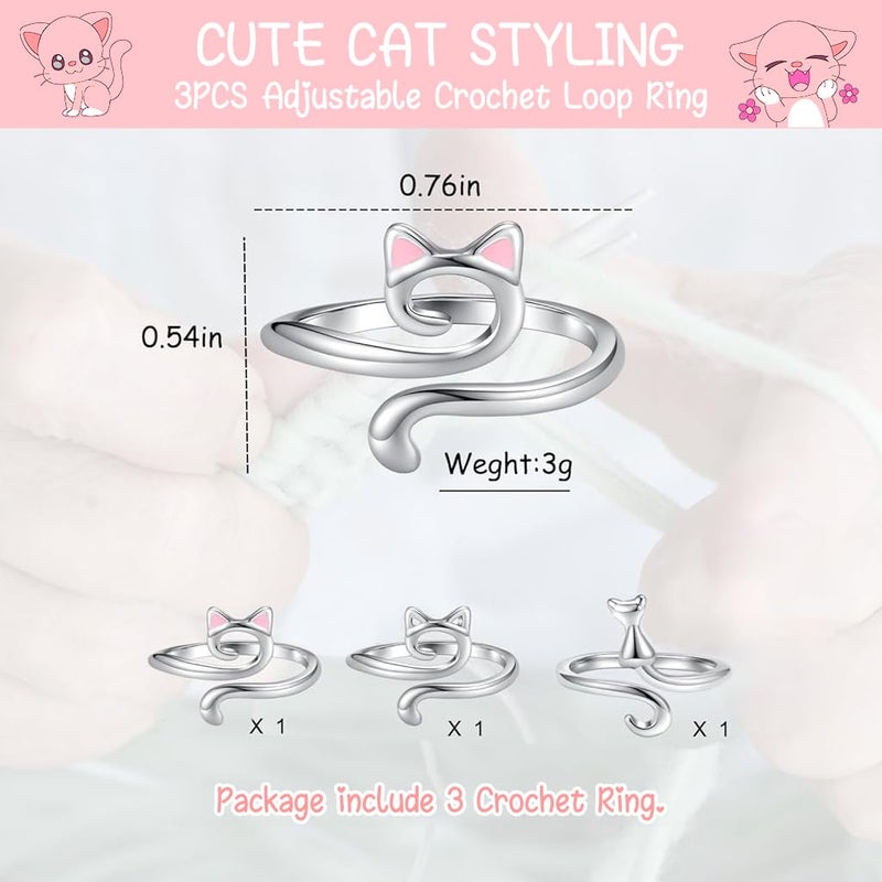 HASTHIP ® 3Pcs Crochet Tension Ring Creative Kitty Wire Wrapped Knitting Crochet Tool Alloy Yarn Tension Crochet Ring for DIY Knitting & Crocheting - Image 3
